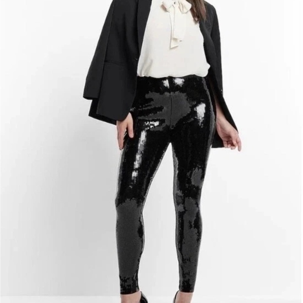 Express Shimmering Black Sequin Leggings - Picture 2 of 4